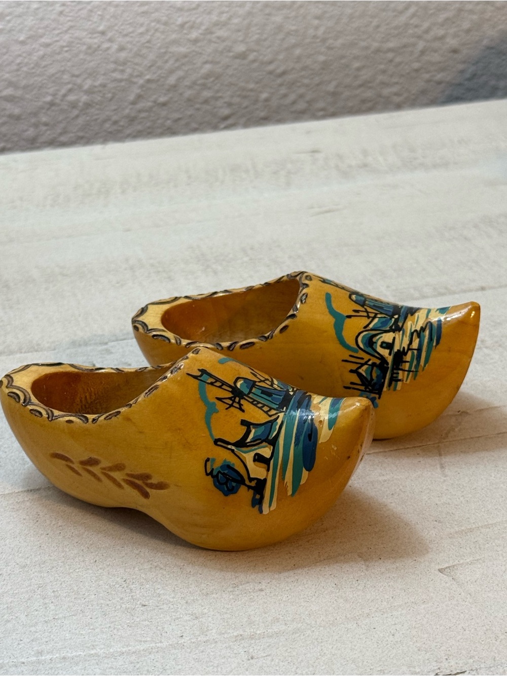 Vintage pair hand painted wooden Dutch clogs